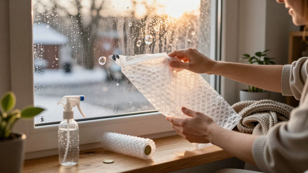 Pessoa segurando plástico bolha próximo a janela com gotas de água e borrifador sobre o parapeito.