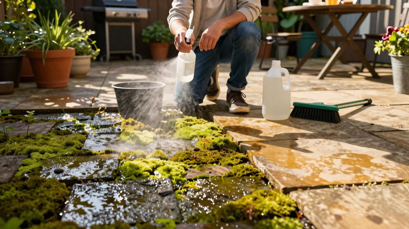 Pessoa borrifando solução sobre musgo em pedras de jardim em um quintal ensolarado.
