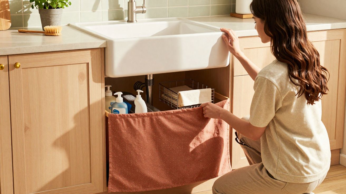 Mulher abrindo tecido de proteção em armário sob pia com produtos de limpeza organizados.