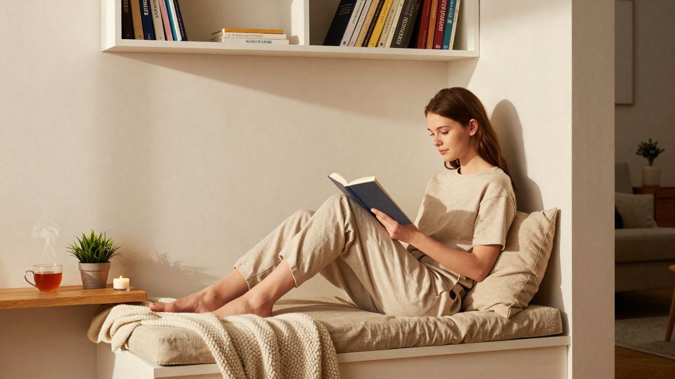 Mulher sentada em banco acolchoado lendo livro, com manta, vela acesa e xícara de chá ao lado.