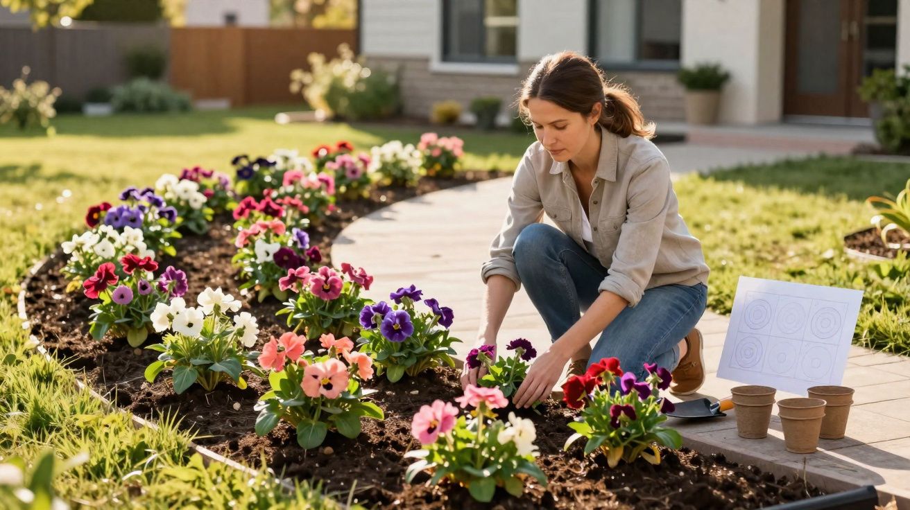 Mulher jardinando flores coloridas em canteiro curvo em área externa de casa ensolarada.