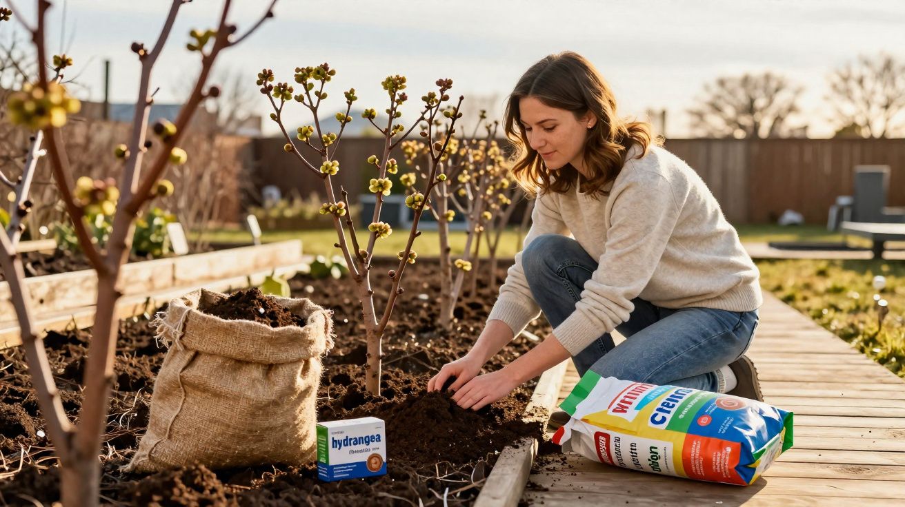 Mulher plantando em canteiro, ao lado de saco de adubo e caixa de fertilizante hydrangea.