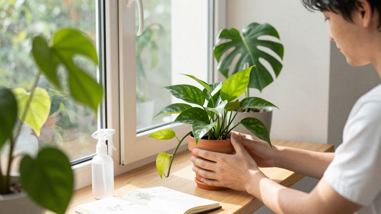 Pessoa cuidando de planta em vaso próximo a janela, com livro aberto e borrifador sobre mesa de madeira.