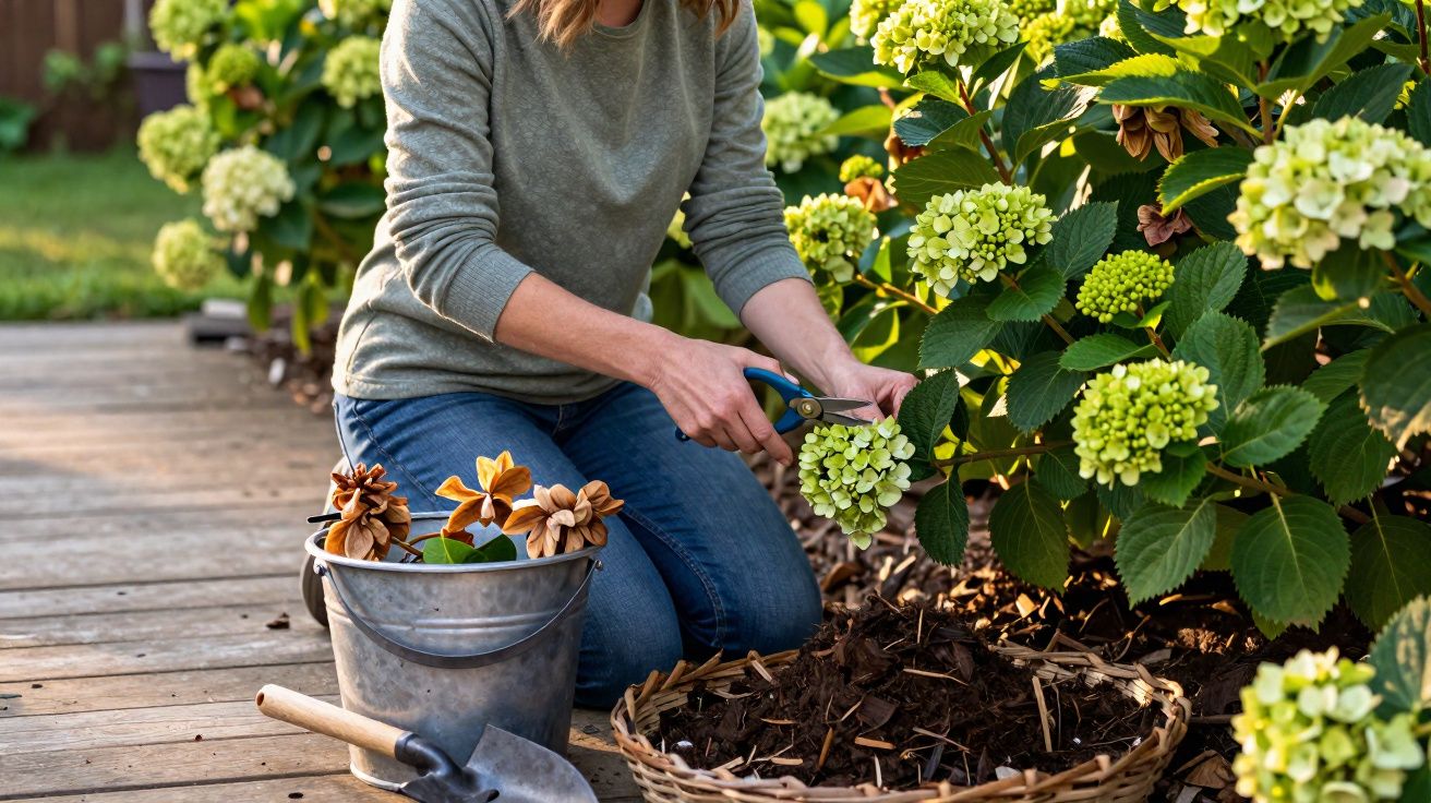 Pessoa podando flores verdes de hortênsia em jardim ao lado de um balde com flores secas e pá de jardim.