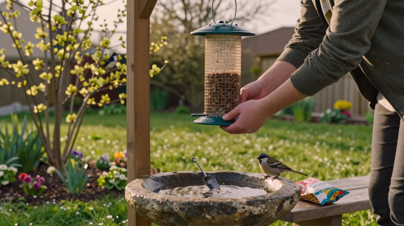Pessoa pendura comedouro de pássaros enquanto pássaro observa bebedouro de pedra em jardim ensolarado.