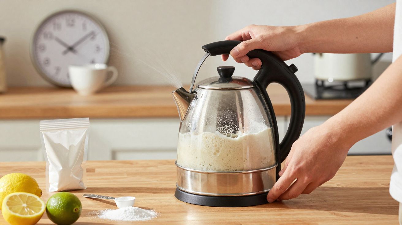 Pessoa usando chaleira elétrica para ferver leite na cozinha com frutas e ingredientes na bancada de madeira.