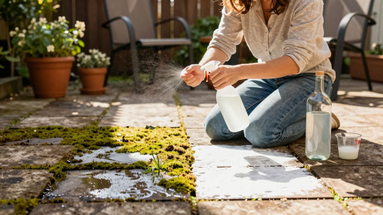 Pessoa borrifando líquido sobre plantas que crescem entre pedras no chão de um jardim ensolarado.