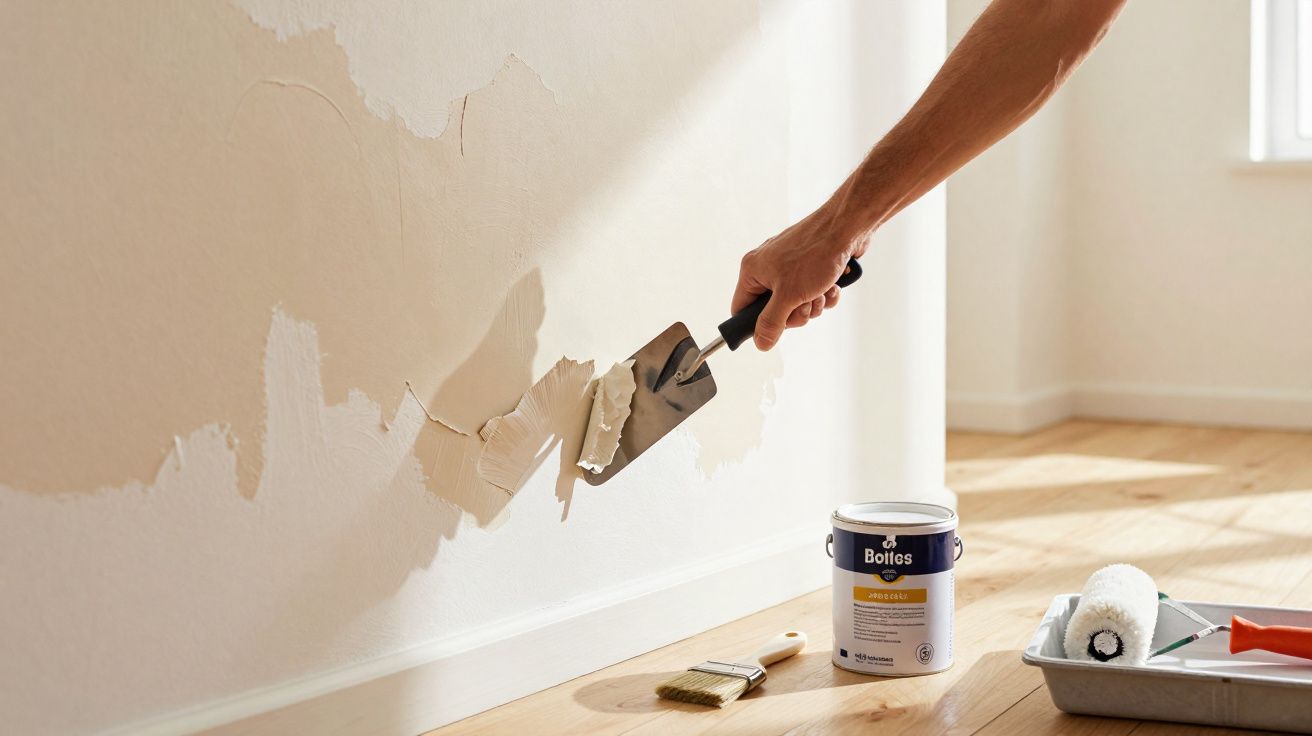 Pessoa removendo tinta descascada da parede com espátula durante reforma residencial.