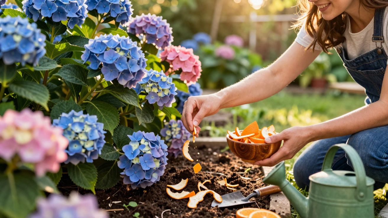 Mulher adiciona casca de laranja no solo perto de hortênsias em um jardim iluminado pelo sol.