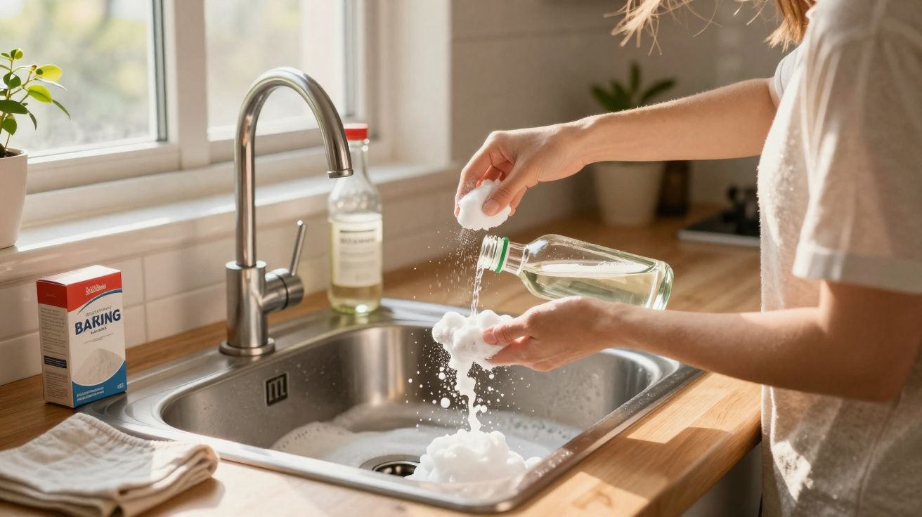 Pessoa fazendo espuma com detergente em Pia de cozinha inox em ambiente iluminado pela luz natural