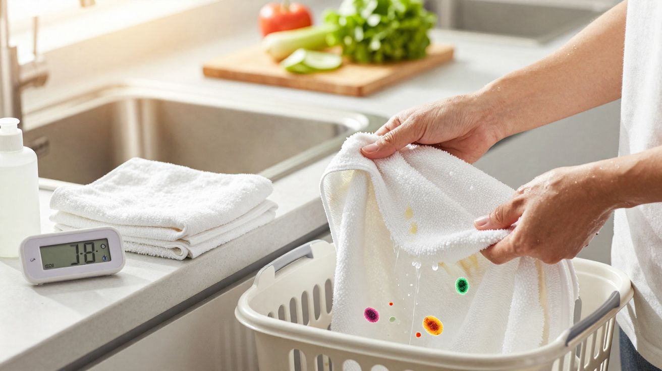 Pessoa lavando toalha com manchas coloridas simulando germes em pia de cozinha com vegetais ao fundo.