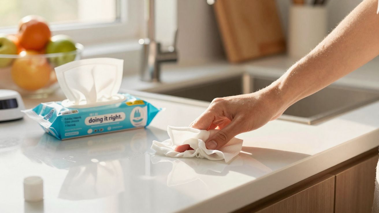 Mão limpando bancada branca de cozinha com lenço úmido, pacote de lenços ao fundo.