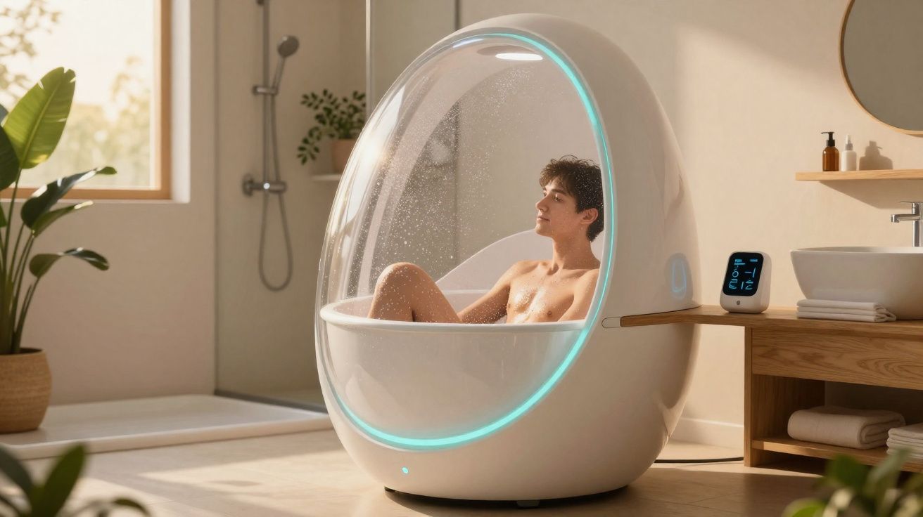 Homem relaxando em banheira futurista com tampa translúcida em banheiro iluminado.