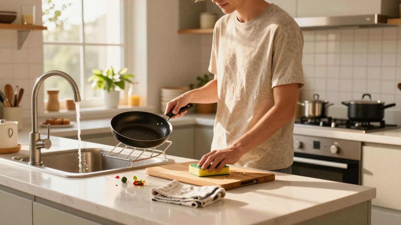 Pessoa lavando frigideira preta em cozinha iluminada com pia de inox e bancada clara.