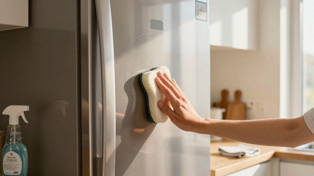 Pessoa limpando a porta de uma geladeira inox com esponja em cozinha clara e organizada.