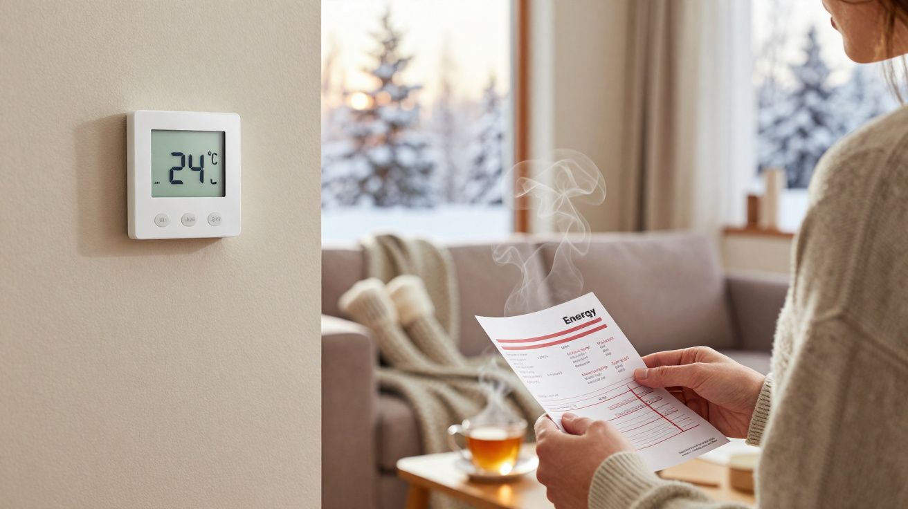 Pessoa segurando uma conta de energia com termostato digital marcando 24°C e cenário de inverno ao fundo.
