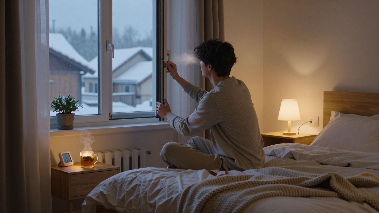 Pessoa sentada na cama abrindo a janela em quarto durante noite de inverno com chá quente ao lado.