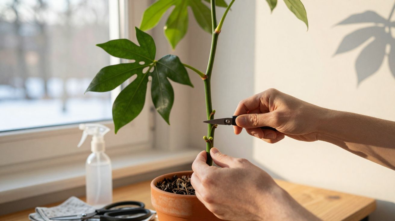 Mãos podando galho de planta verde em vaso de terracota ao lado de janela com borrifador.