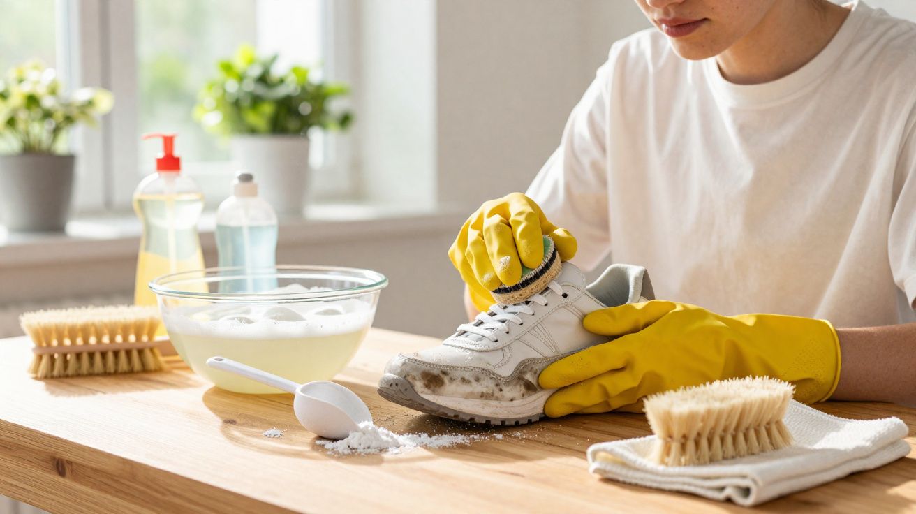 Pessoa usando luvas amarelas limpando tênis branco sujo com escova em mesa de madeira.