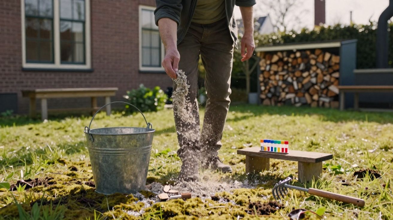 Pessoa derramando calcário em solo de jardim com ferramenta de jardinagem e balde ao lado.