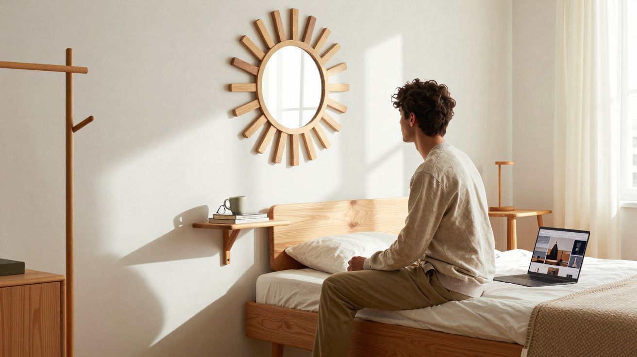 Homem sentado na cama em quarto iluminado, olhando para espelho decorativo de madeira na parede.