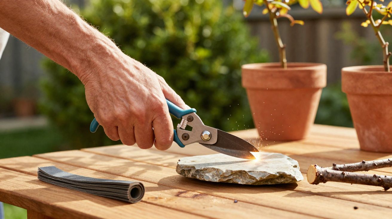 Mão segurando isqueiro de faísca para acender fogo sobre pedra em mesa de madeira com vasos e gravetos.
