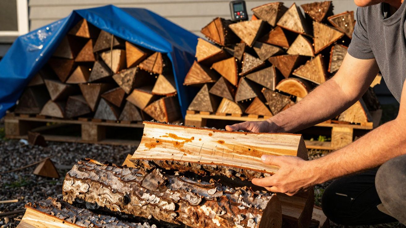 Pessoa armazenando lenha cortada em triângulos sob uma lona azul ao ar livre em dia ensolarado.