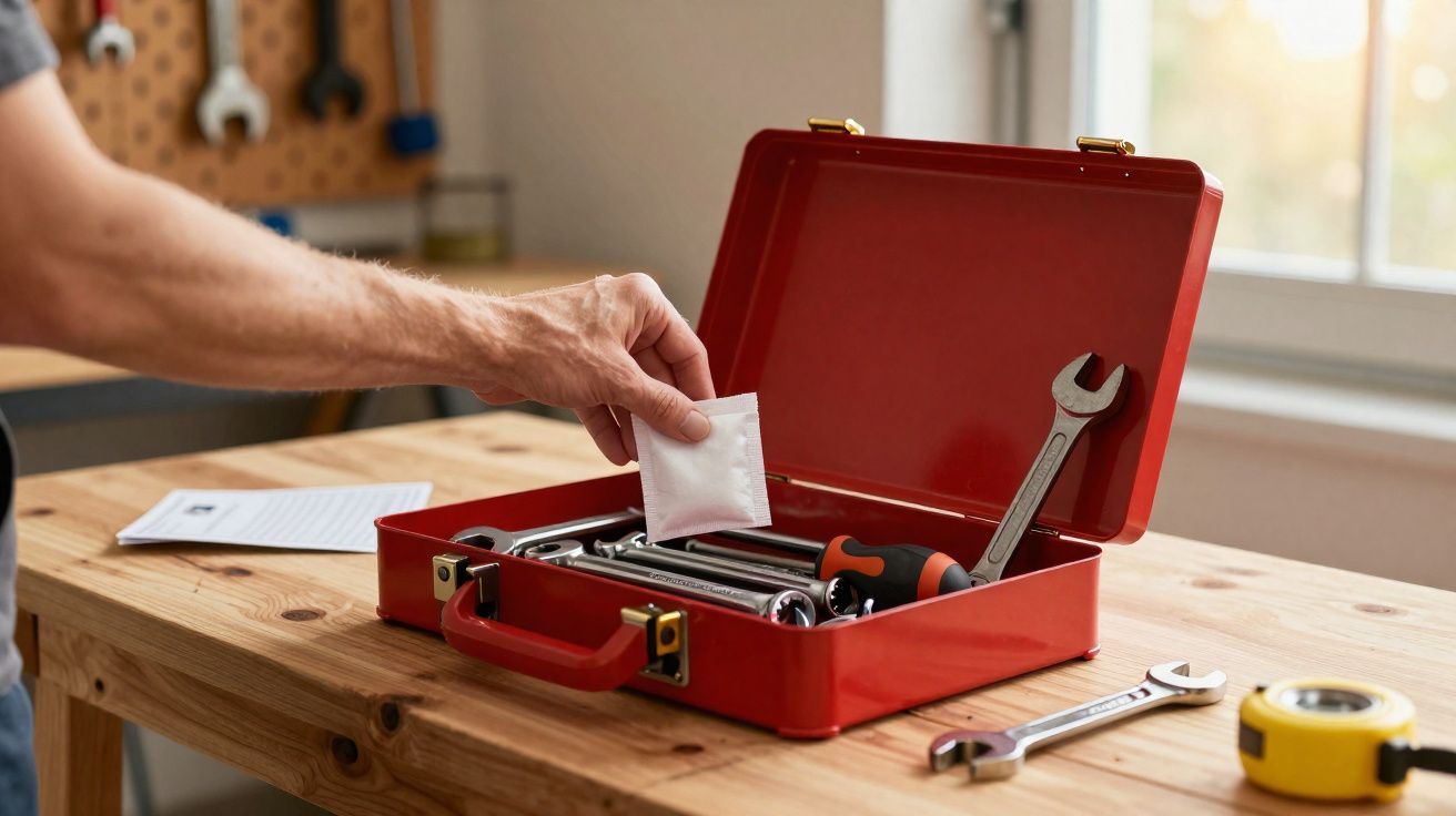Pessoa colocando sachê em caixa vermelha com ferramentas variadas em bancada de madeira clara