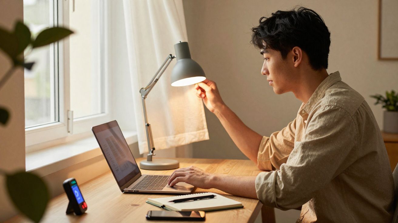 Jovem ajustando luminária enquanto usa notebook, com caderno e celular sobre mesa perto de janela.