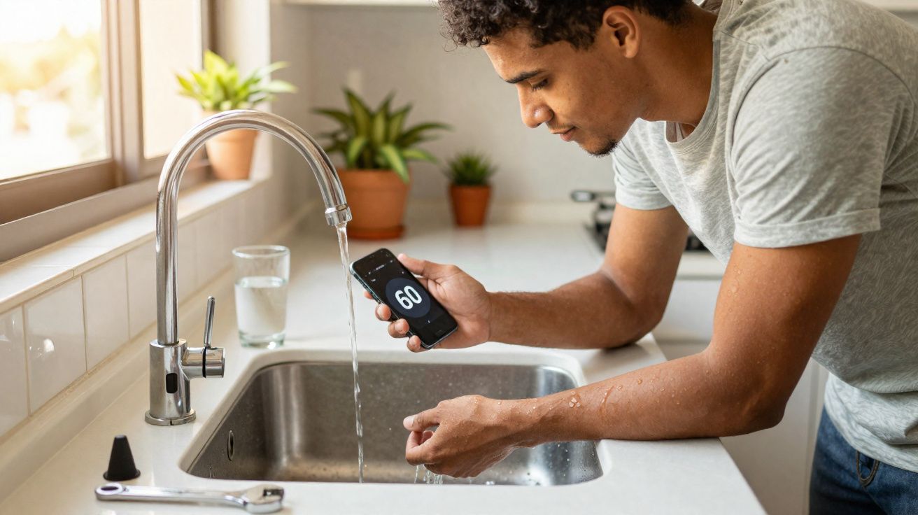 Homem segurando celular com timer próximo à pia com torneira aberta em cozinha iluminada.
