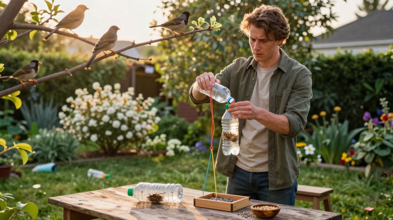 Homem prepara comedouro caseiro para pássaros em jardim ensolarado com várias plantas e flores ao fundo.