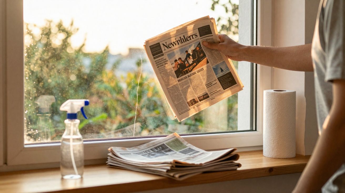 Pessoa segurando jornal perto da janela com jornal empilhado, borrifador e papel toalha no parapeito.
