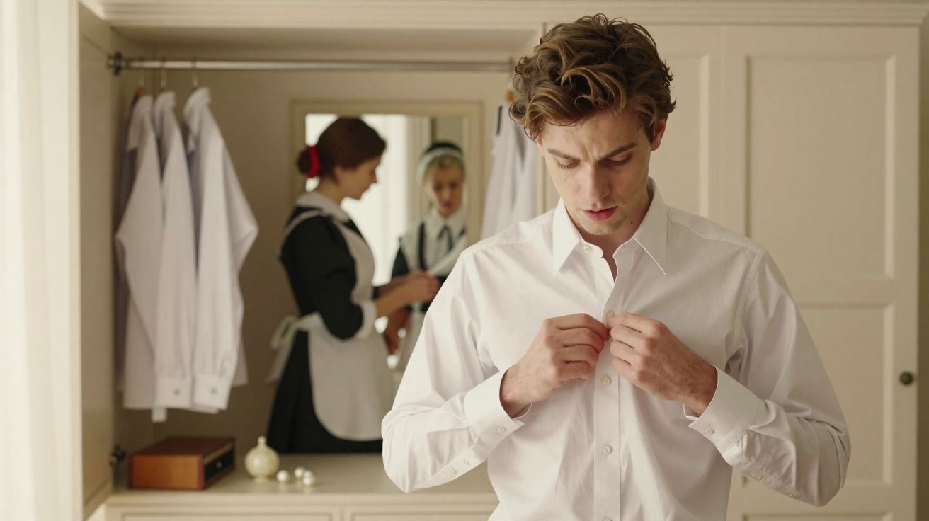 Homem jovem vestindo camisa branca, abotoando-a, com duas empregadas ao fundo em quarto claro.