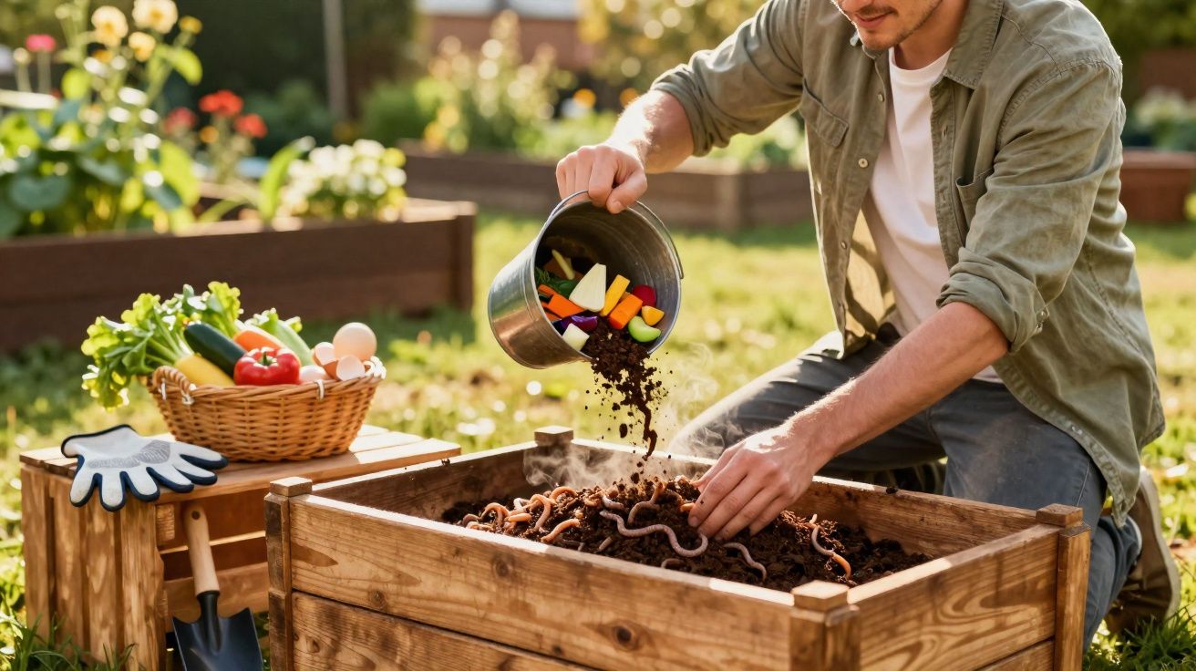 Pessoa adiciona restos orgânicos em minhocário de madeira em jardim, com cesta de vegetais ao lado.