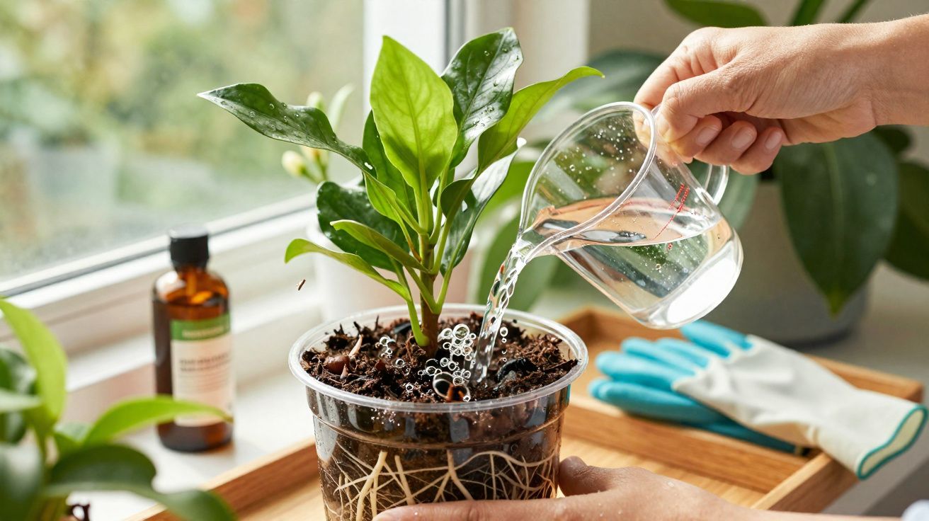 Pessoa regando muda de planta em pote transparente com água, luvas de jardinagem ao fundo.