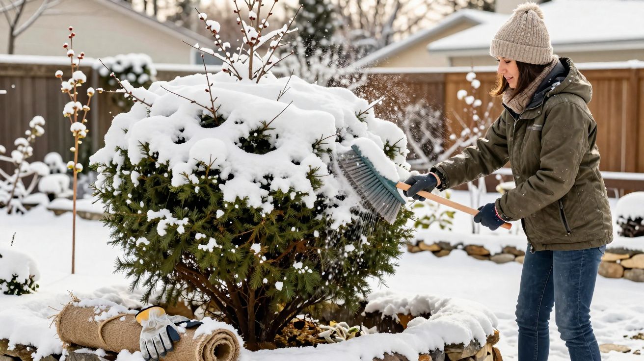 Mulher vestindo casaco e gorro limpando neve de arbusto no jardim durante inverno.
