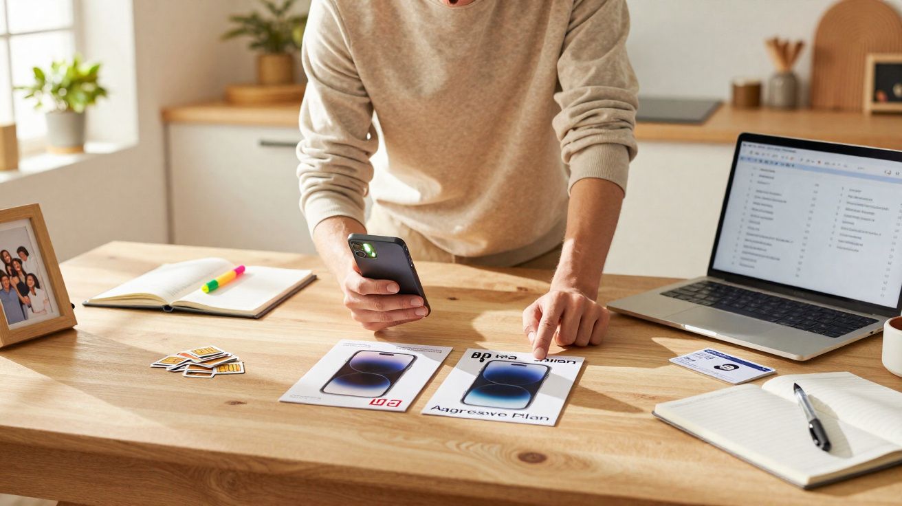 Pessoa usando celular e analisando folhas com imagens de smartphones em mesa de madeira com laptop e caderno.