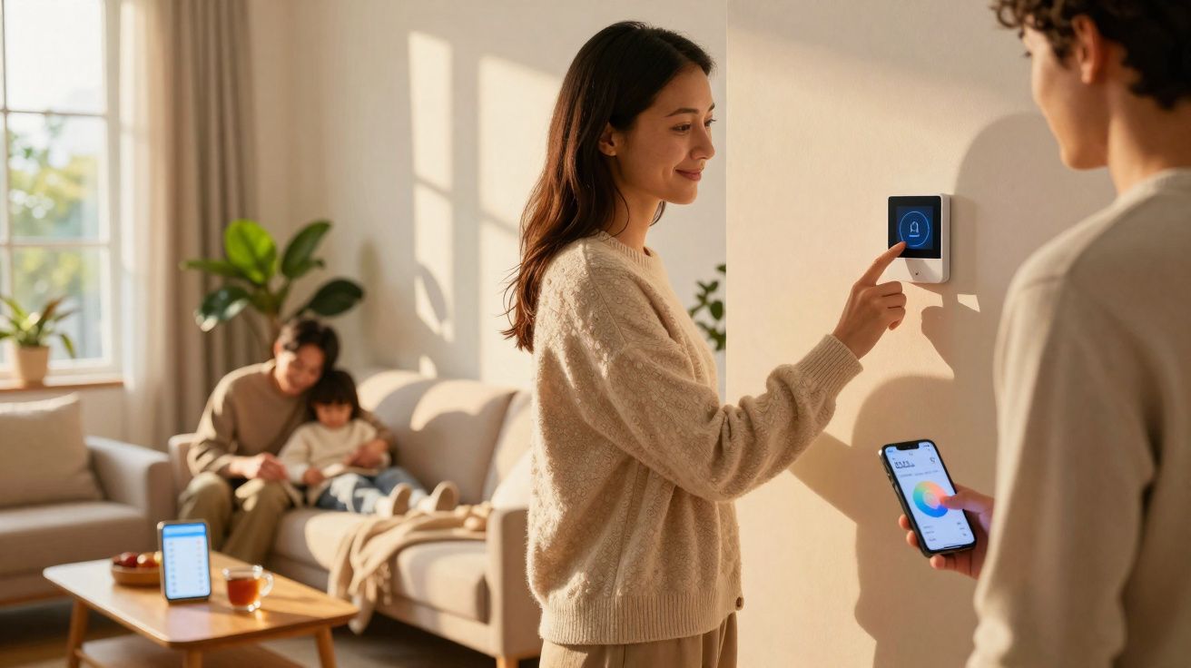 Mulher ajusta termostato digital na parede enquanto homem segura celular com app de controle da casa inteligente.