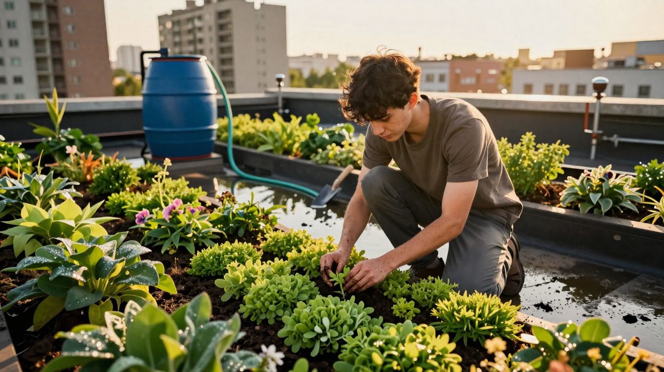 Jovem cuidando de plantas em horta urbana no terraço de prédio durante o pôr do sol.
