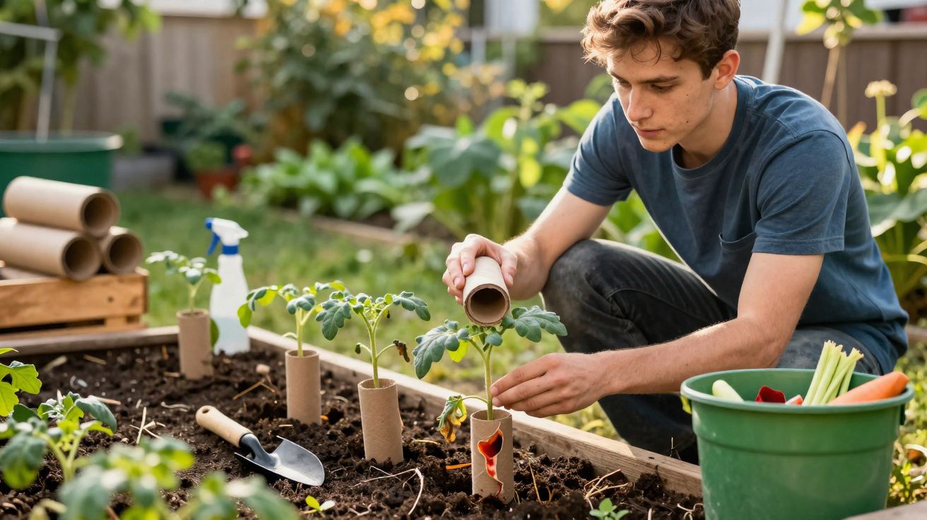 Jovem cuidando de mudas em canteiro usando tubos de papel para proteção das plantas.