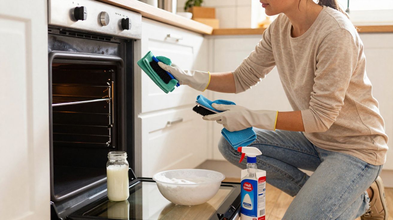 Mulher limpando forno aberto com esponjas e produtos de limpeza na cozinha.
