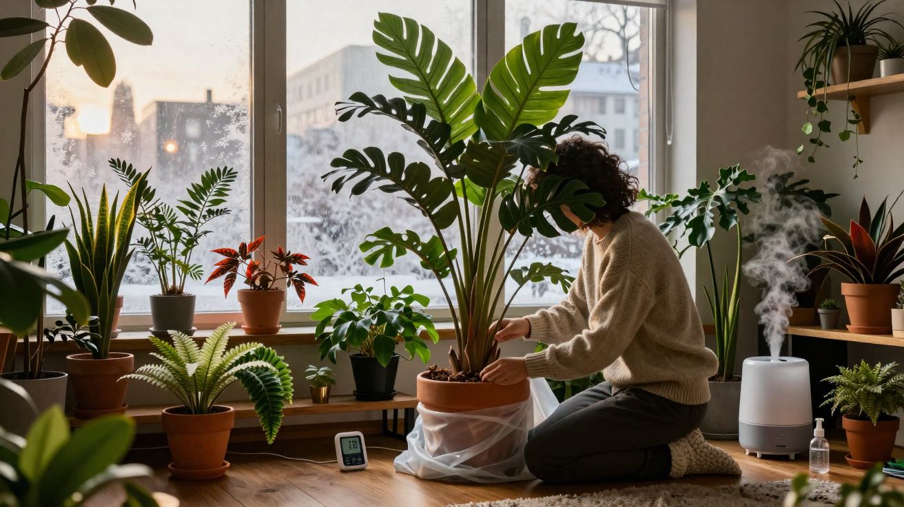 Pessoa cuidando de planta grande em vaso na sala com várias plantas e umidificador ativos próximos à janela.
