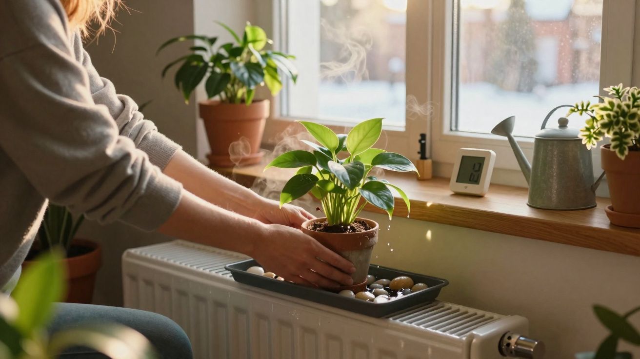 Pessoa segurando vaso com planta verde sobre radiador perto de janela ensolarada e outros vasos ao fundo.