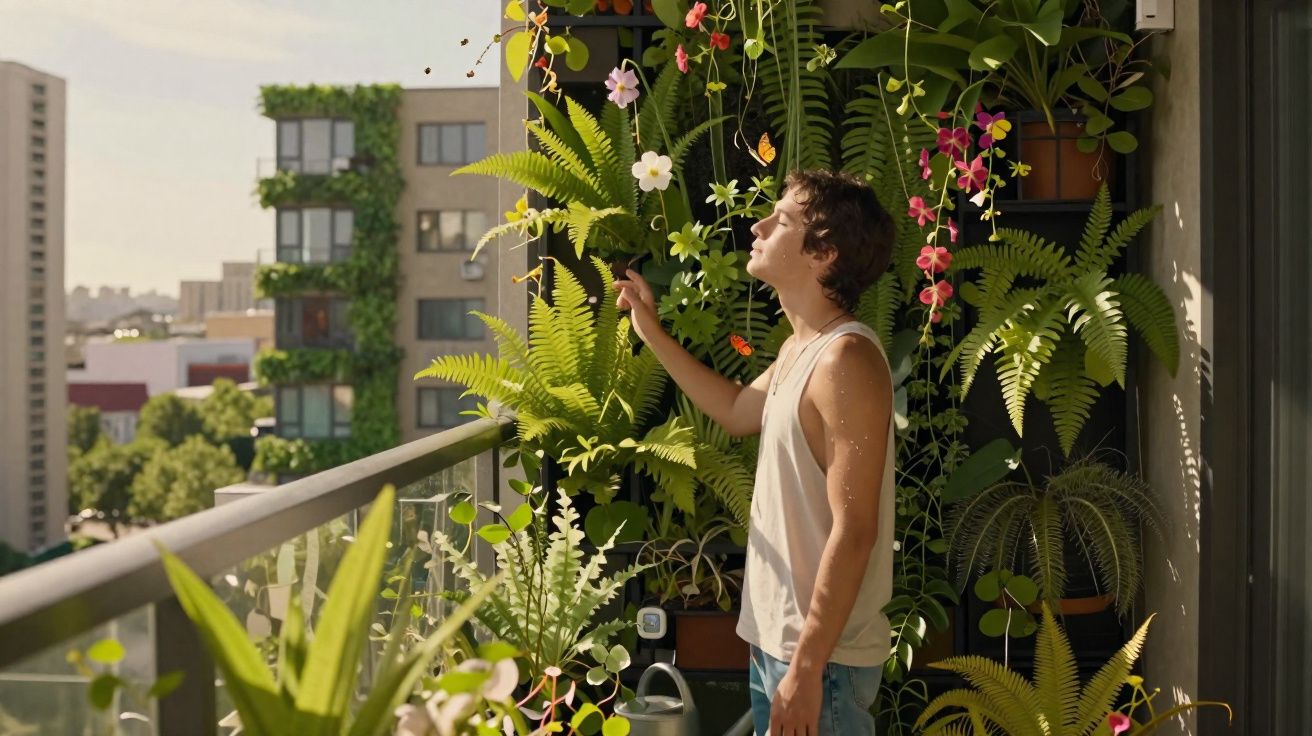 Jovem regando plantas em varanda decorada com flores coloridas e folhagens, com edifícios ao fundo.
