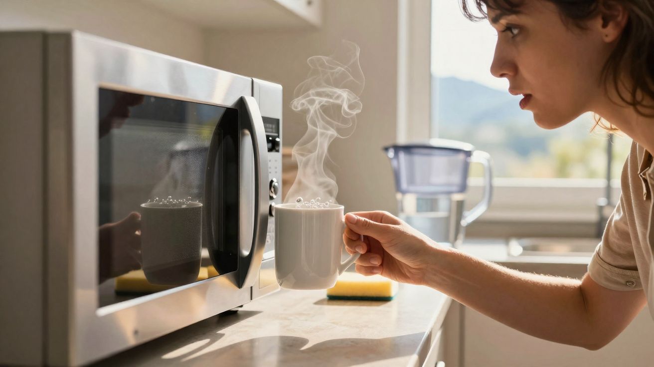 Pessoa retirando caneca fumegante do micro-ondas em cozinha iluminada pela luz do dia.