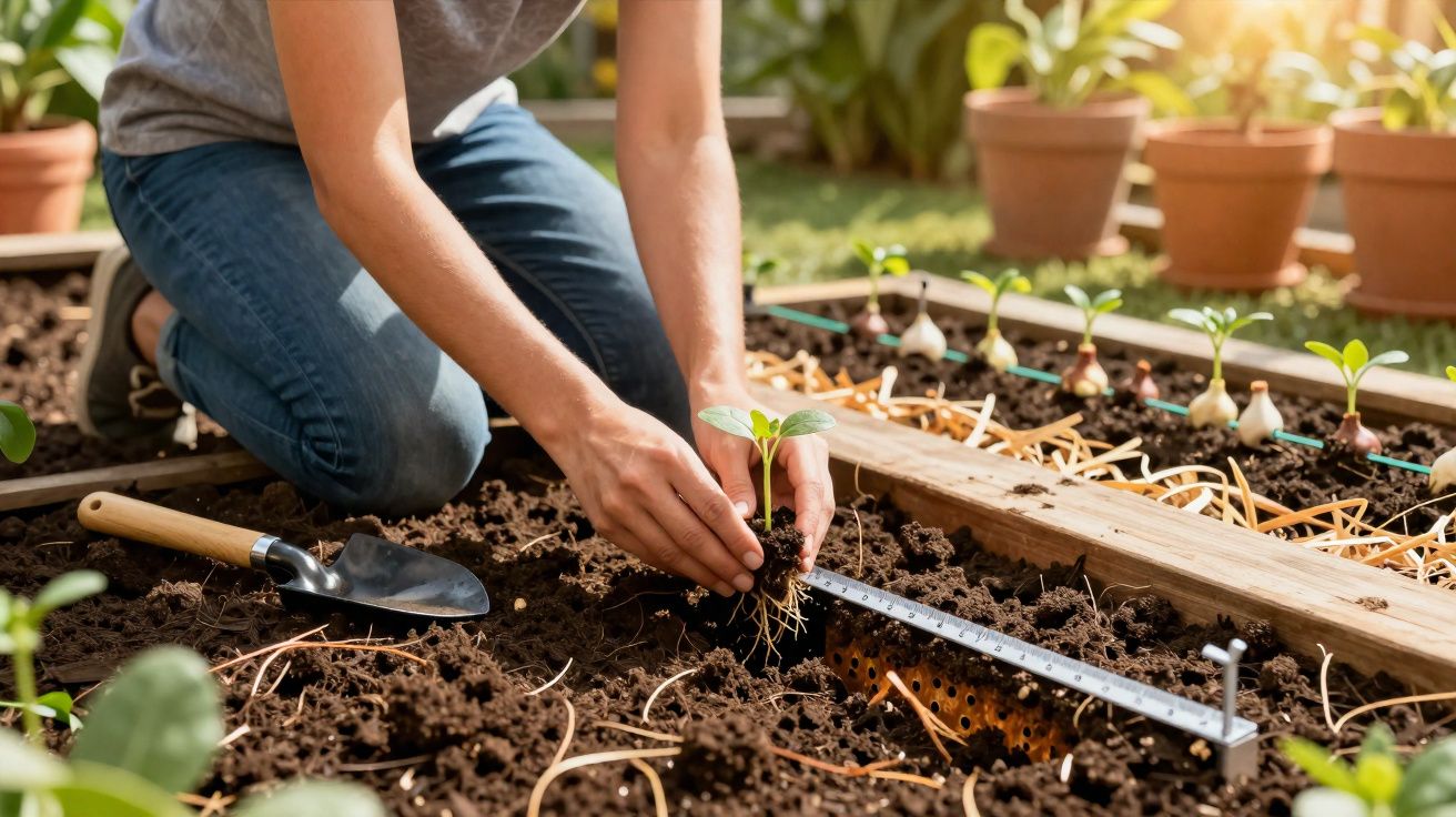 Pessoa plantando muda em canteiro com régua e ferramenta de jardinagem ao lado.
