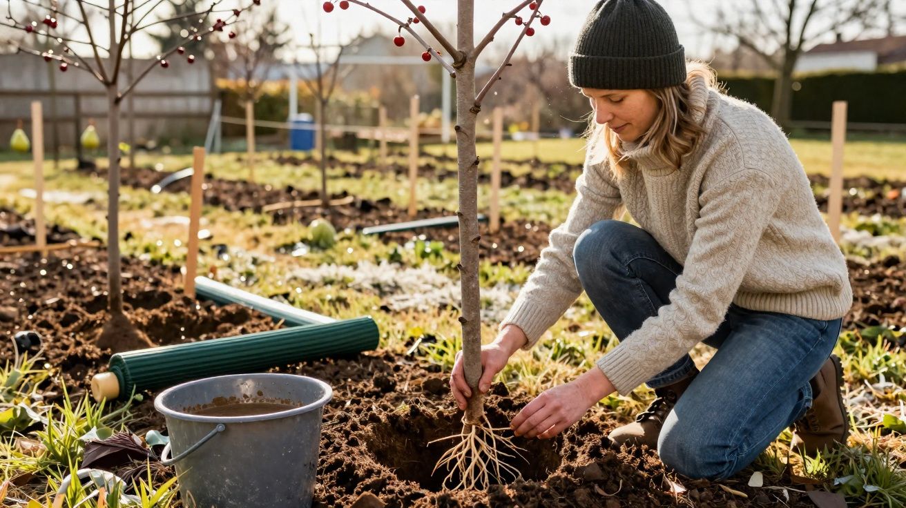 Mulher de agasalho cinza e gorro preto plantando árvore jovem em solo arado em jardim ensolarado.