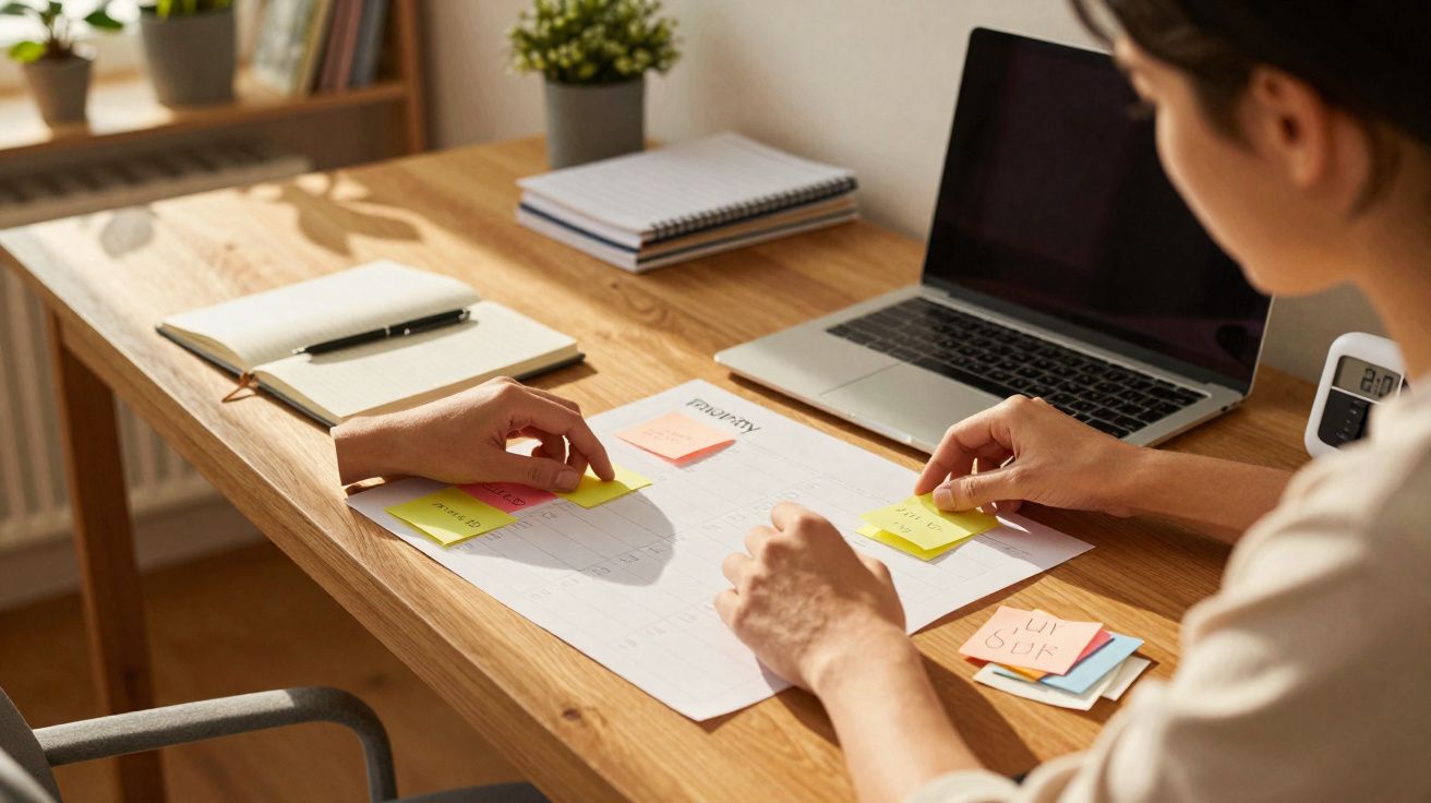 Pessoa organizando post-its e planejamento semanal em mesa com laptop e caderno.