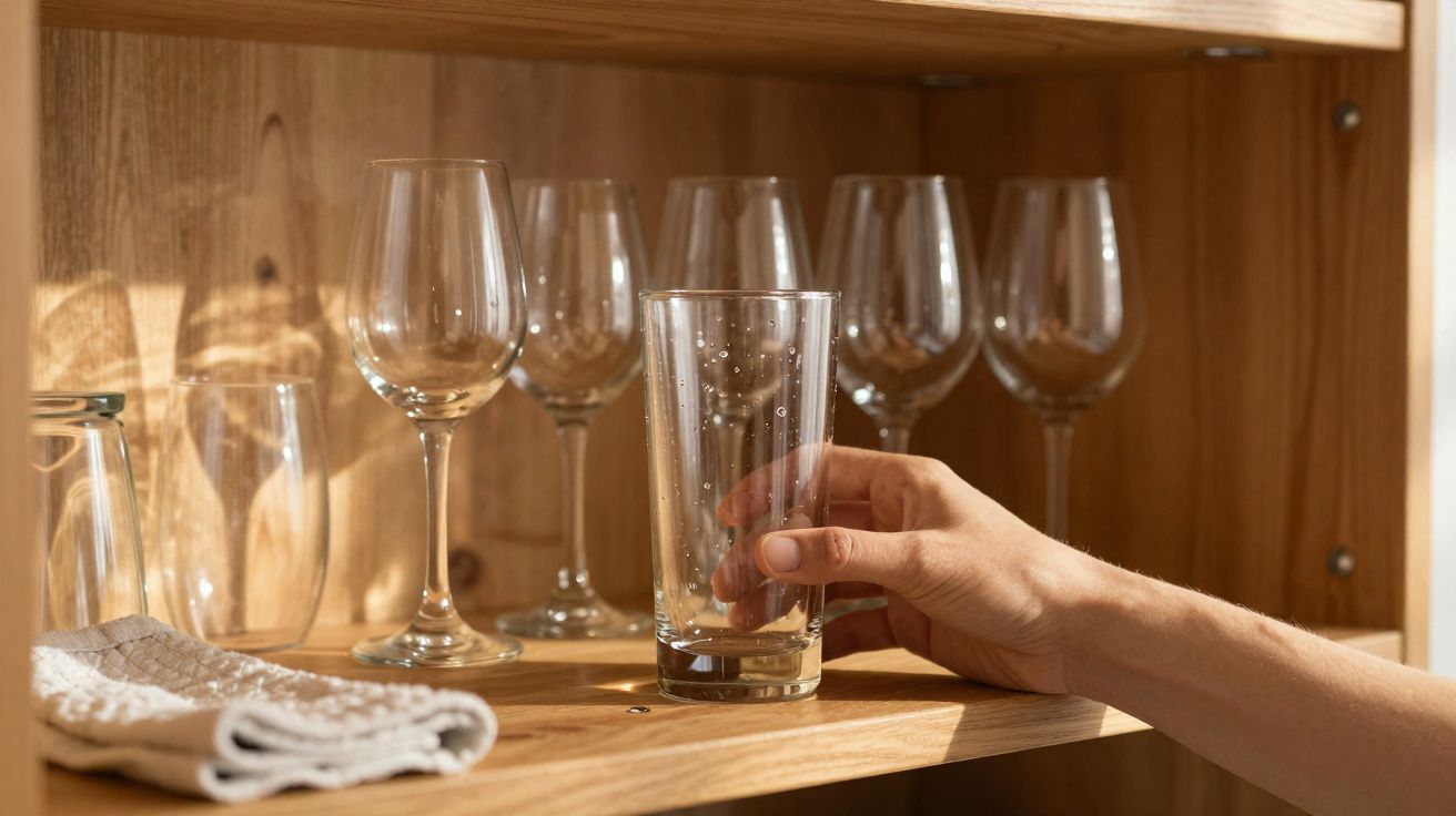 Mão segurando copo de vidro transparente em prateleira de madeira com taças e pano branco ao lado.