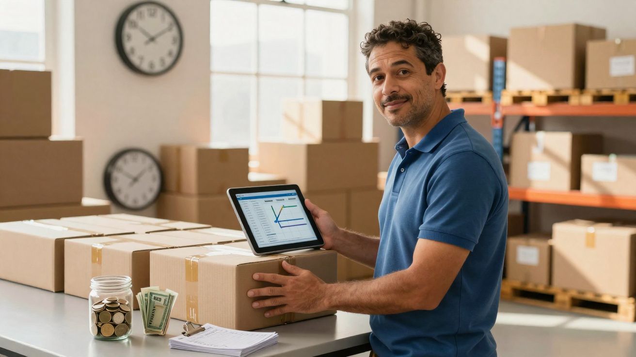 Homem em depósito com caixa e tablet mostrando gráfico, ao lado de pote com moedas e cédulas.